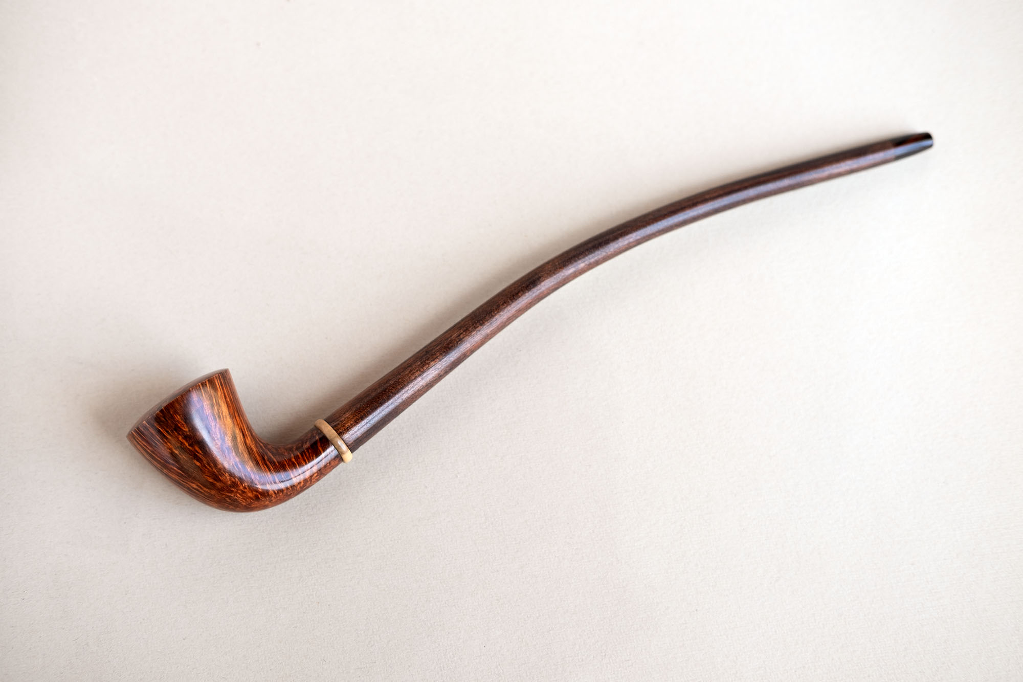 Dublin churchwarden tobacco pipe, with flamed briar bowl and cherry wood stem steam-bent, boxwood ring,handcrafted by Arcangelo Ambrosi